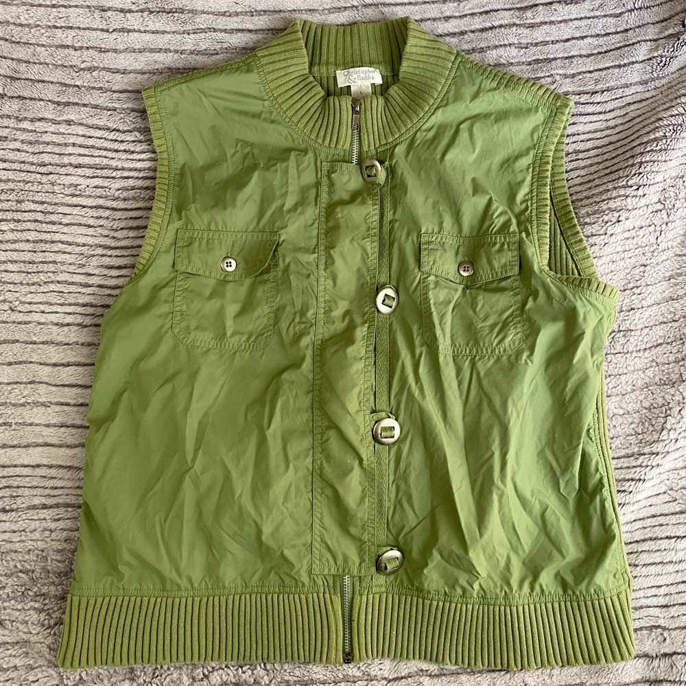 Christopher & Banks lightweight vest Size large green utility ribbed nature